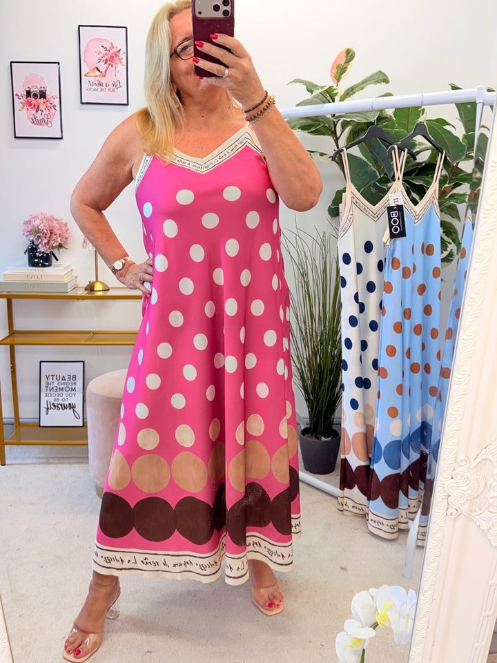 Ladies Polka Dot Satin Summer Cami Maxi Dress - Cream, Blue & Pink
