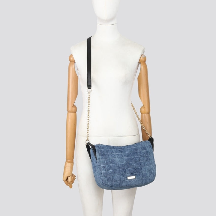 LADIES WOMENS BLUE DENIM QUILTED INSPIRED SHOULDER HAND BAG