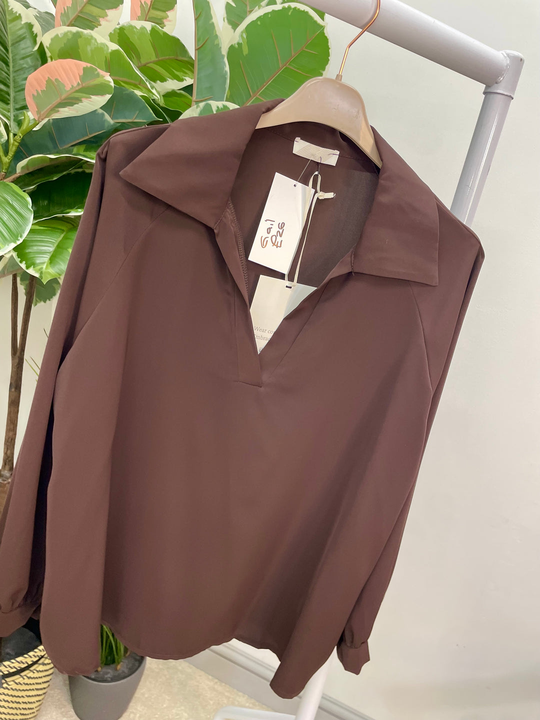 LADIES V NECK LUXURY BLOUSE - BROWN, GREY, WHITE & BLACK