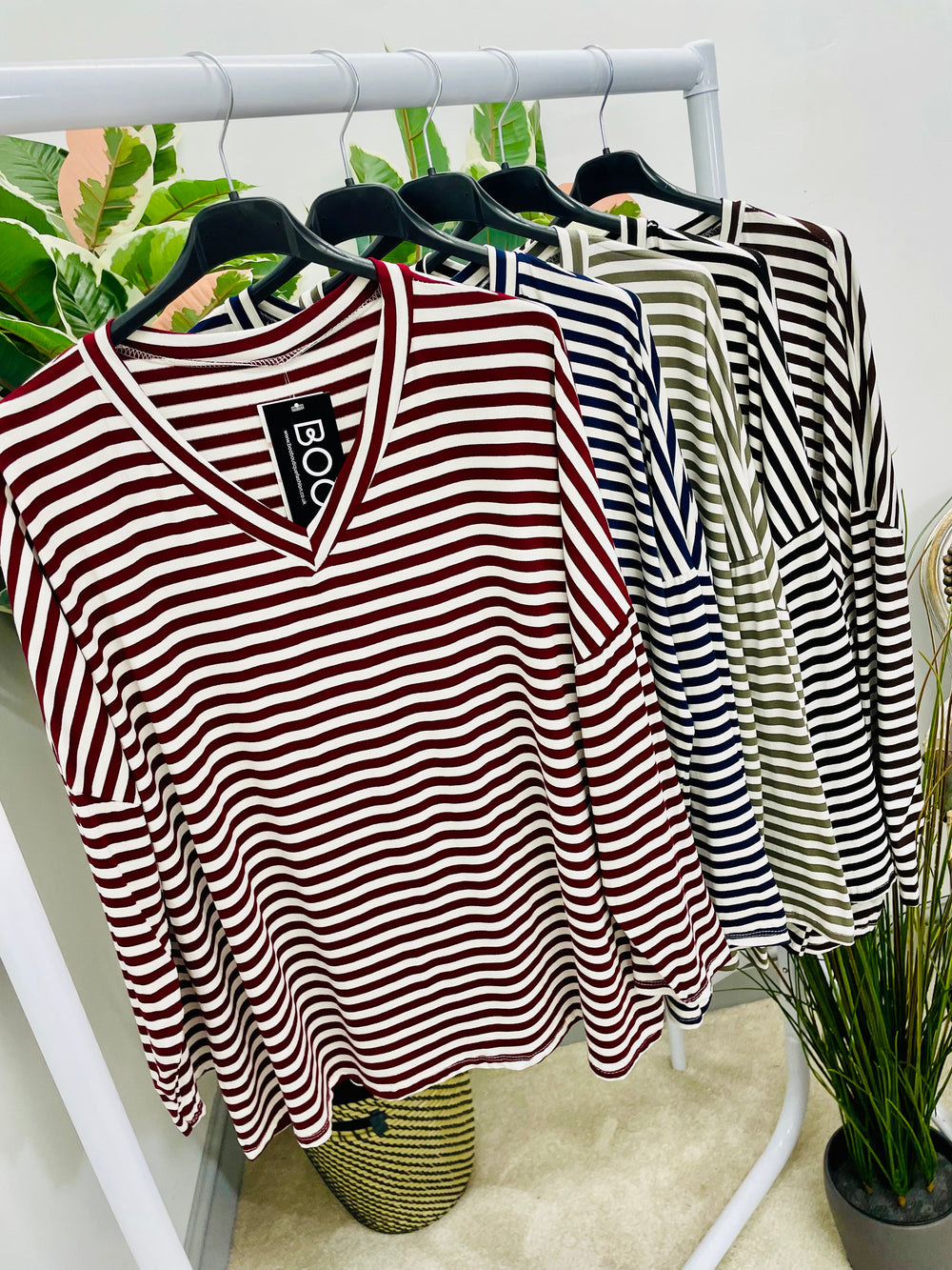 LADIES CASUAL STRIPE LOOSE FIT TOP - KHAKI, NAVY, WINE, BLACK & BROWN