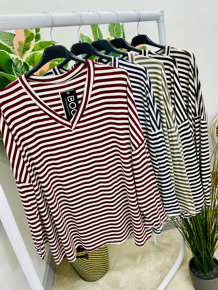 LADIES CASUAL STRIPE LOOSE FIT TOP - KHAKI, NAVY, WINE, BLACK & BROWN