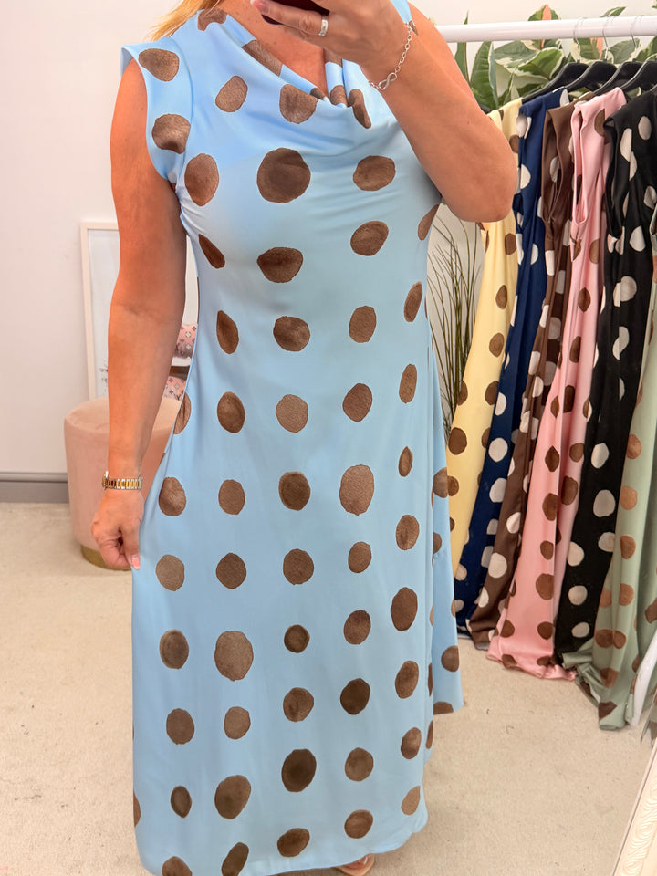 Ladies Satin Polka Dot Sheath Dress - Lemon, Black, Pink, Khaki, Navy, Black & Blue