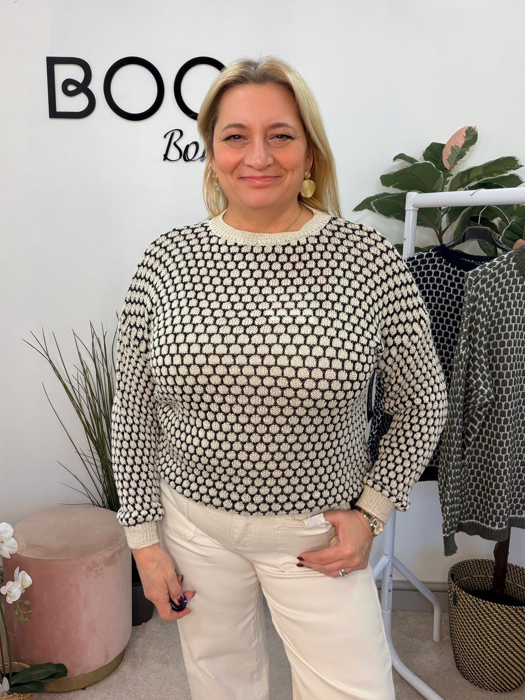 Ladies Fashion Jumper - navy, beige & khaki