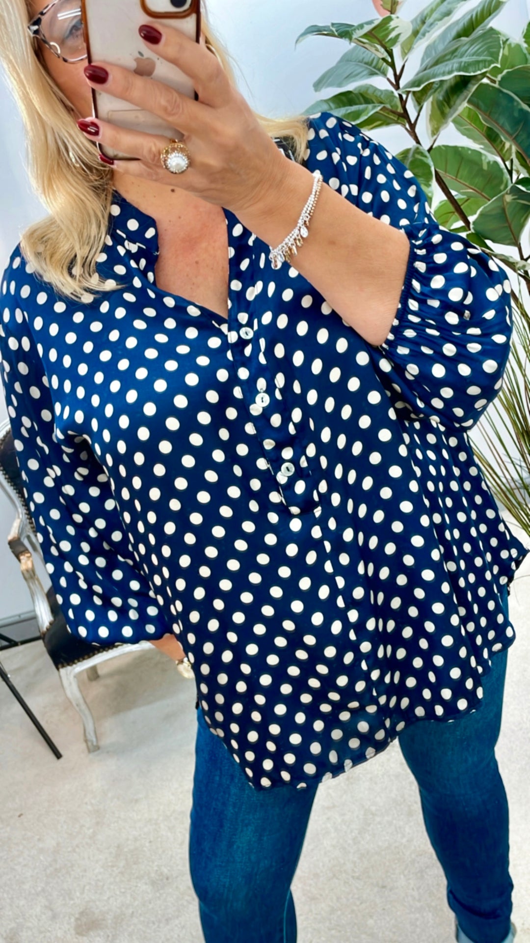 LADIES POLKA DOT SATIN BLOUSE SHIRT - NAVY, BROWN & BLACK