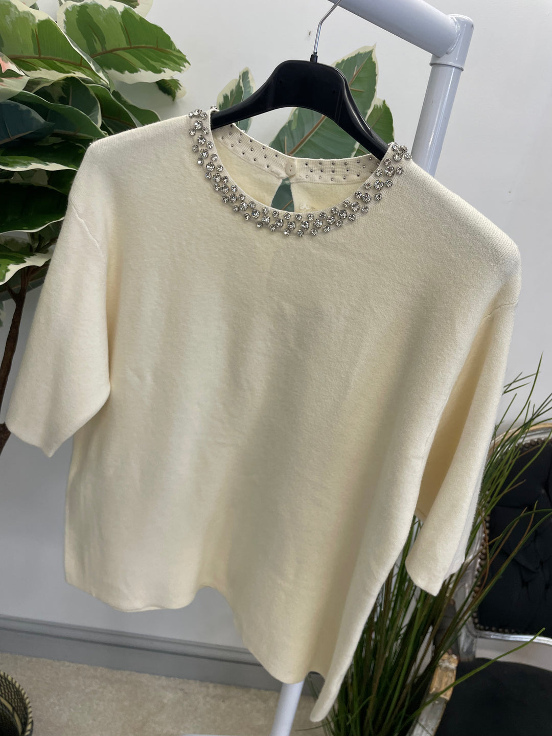 LADIES DIAMANTE NECK JUMPER - BLACK & CREAM