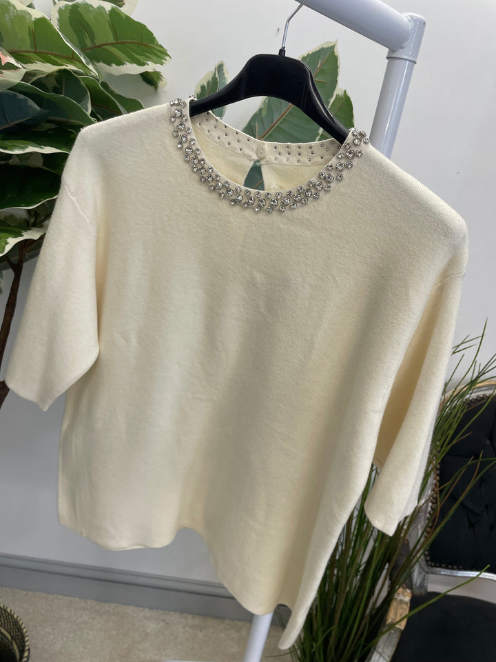 LADIES DIAMANTE NECK JUMPER - BLACK & CREAM