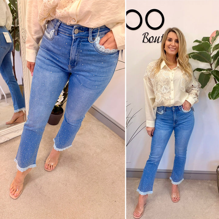 Ladies Fashion Sparkly Ankle Grazer Jeans