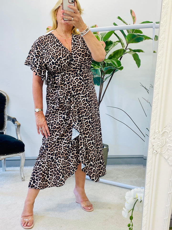 LADIES LEOPARD PRINT WRAP SUMMER MIDI DRESS