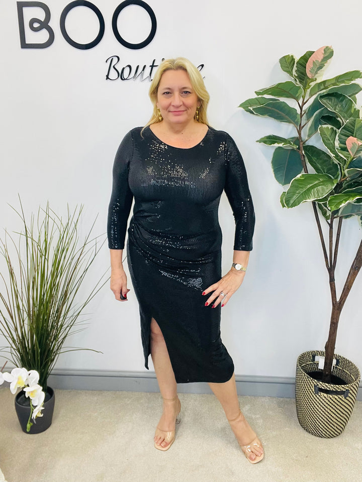 LADIES SEQUIN SEXY RUCHE SIDE PARTY DRESS - RED, BLACK, CHAMPAGNE & GOLD