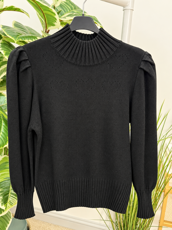 Womens soft knit puff sleeve high neck jumper - cream, black & brown