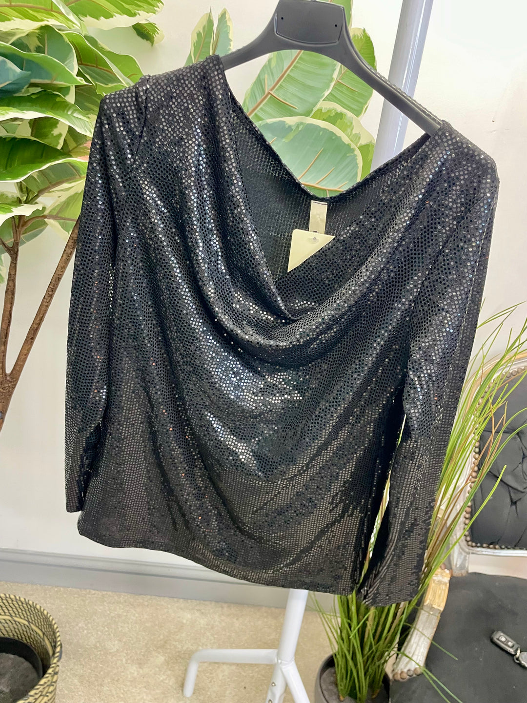 LADIES SEQUIN COWL NECK TOP - BLACK, CHAMPAGNE, GREEN & RED