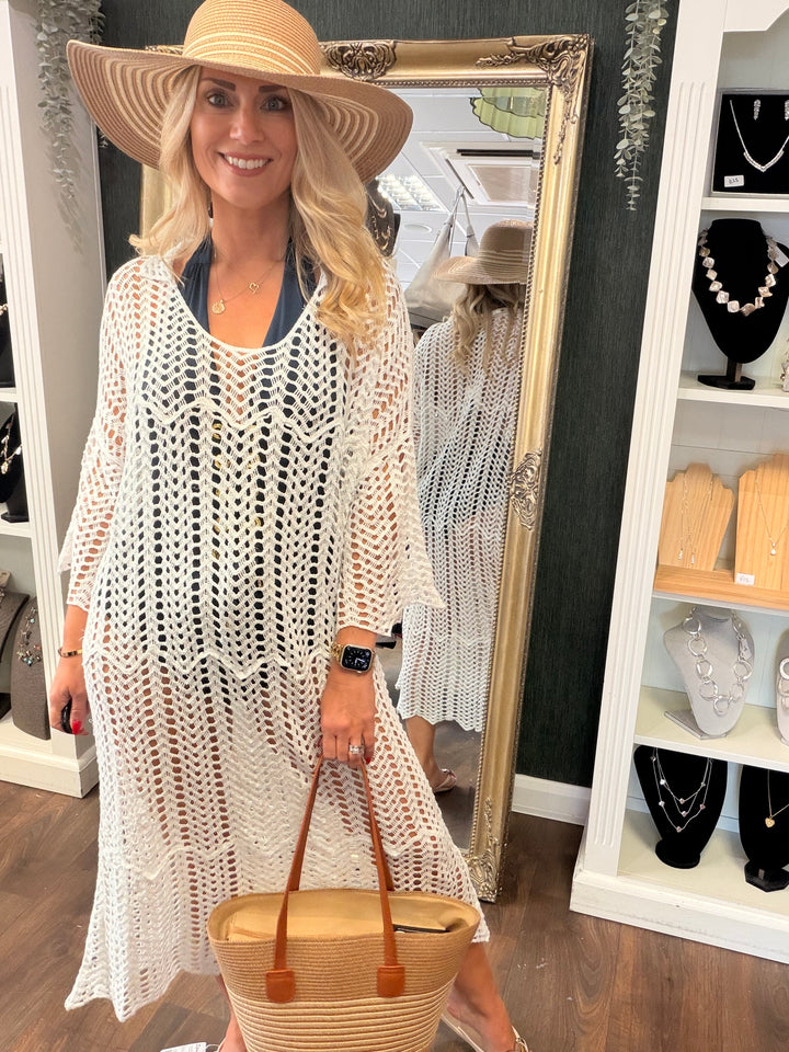 Ladies White Crochet Beach Swimwear Cover Up Dress