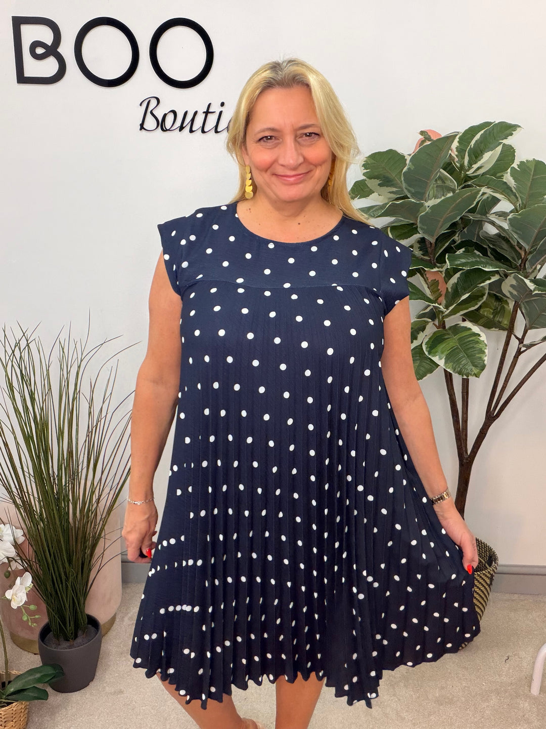 Ladies Pleated Polka Dot Midi Day Dress - black, navy, pink, blue, beige 