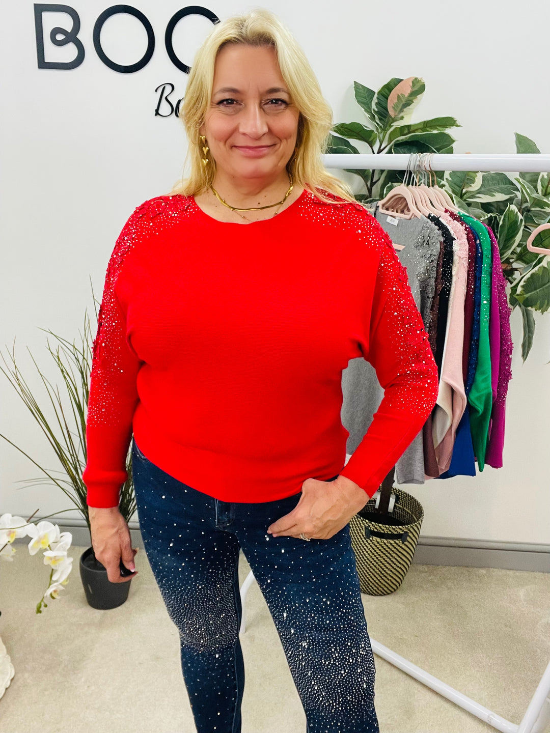 LADIES DIAMANTE SLEEVE BATWING JUMPER RED