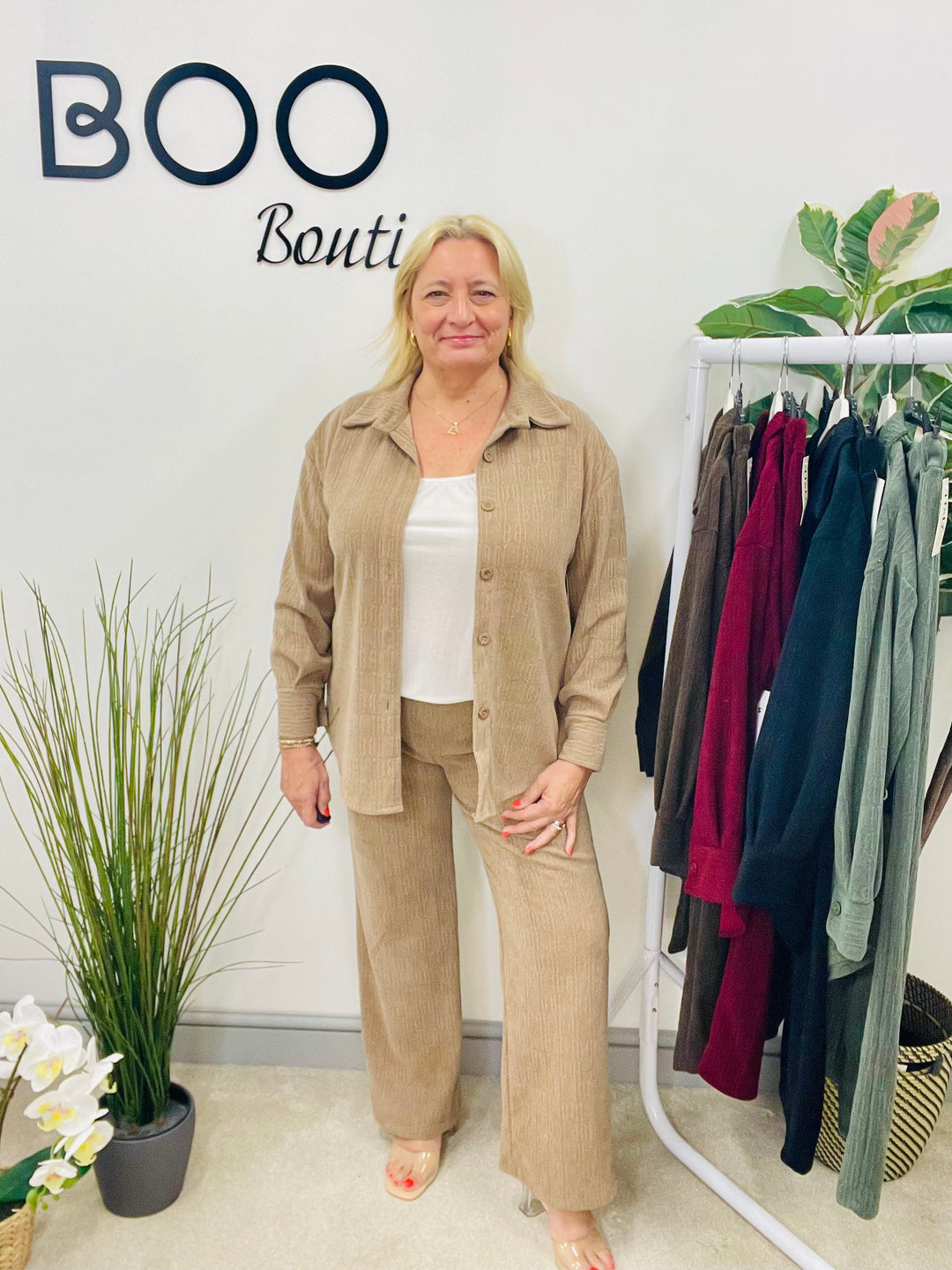 LADIES STRAIGHT LEG TROUSER & JACKET CO ORD SET DARK BEIGE CAMEL