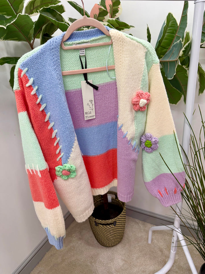 LADIES FASHION CHUNKY KNIT COLOURFUL CARDIGAN