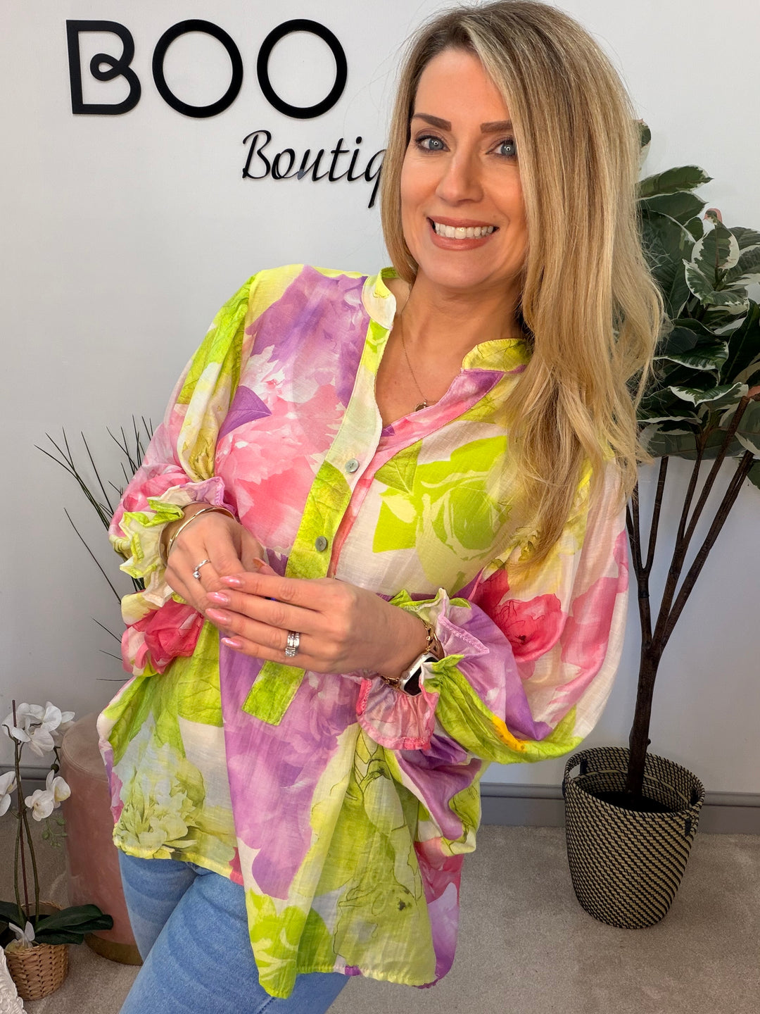 Ladies Fashion Boho Style Grandad Shirt - pink and khaki