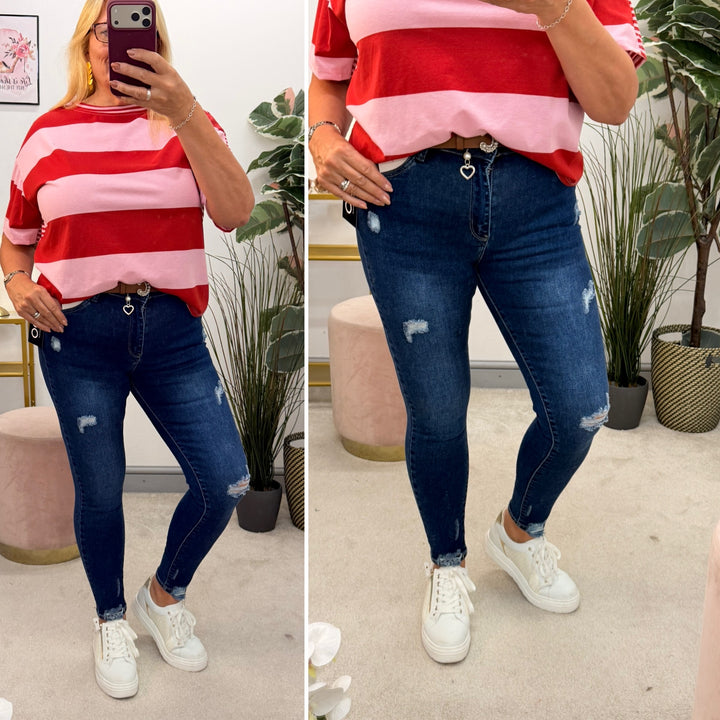 Ladies Fashion Blue Denim Distressed Skinny Jeans 