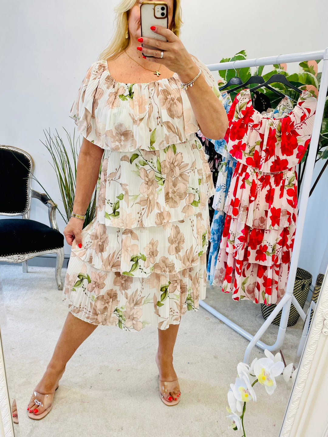 LADIES FLORAL PLEATED SUMMER EVENT MIDI DRESS - RED, BLUE, BEIGE & BLACK