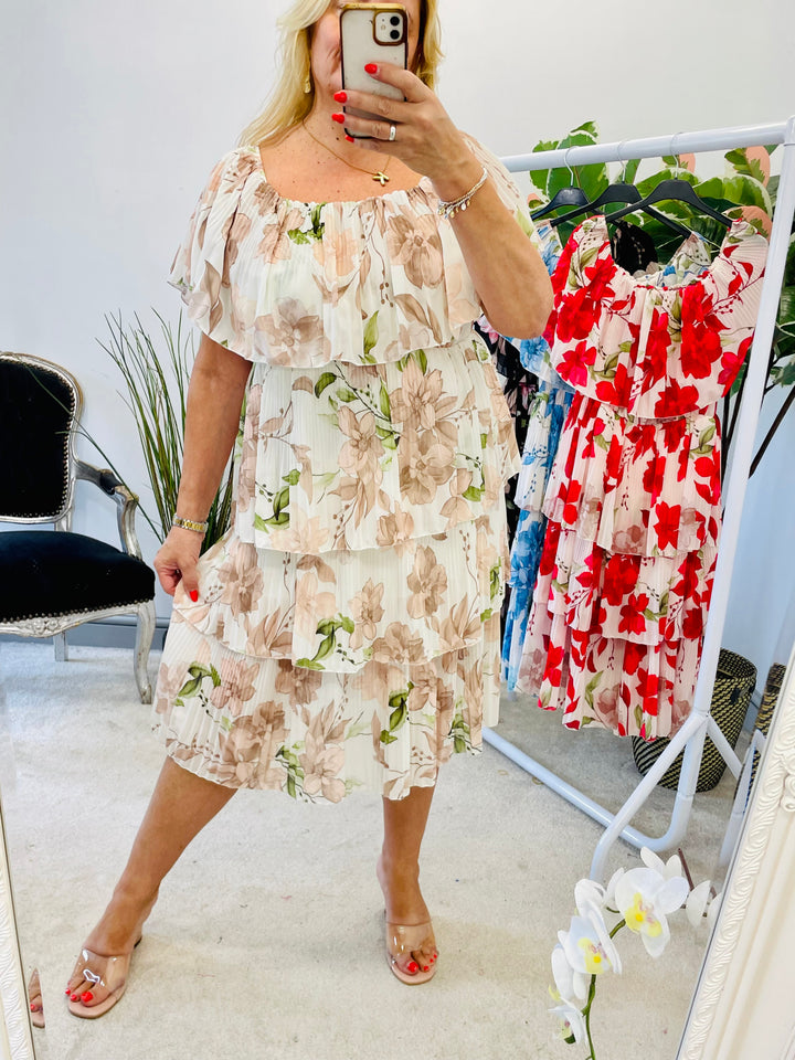 LADIES FLORAL PLEATED SUMMER EVENT MIDI DRESS - RED, BLUE, BEIGE & BLACK