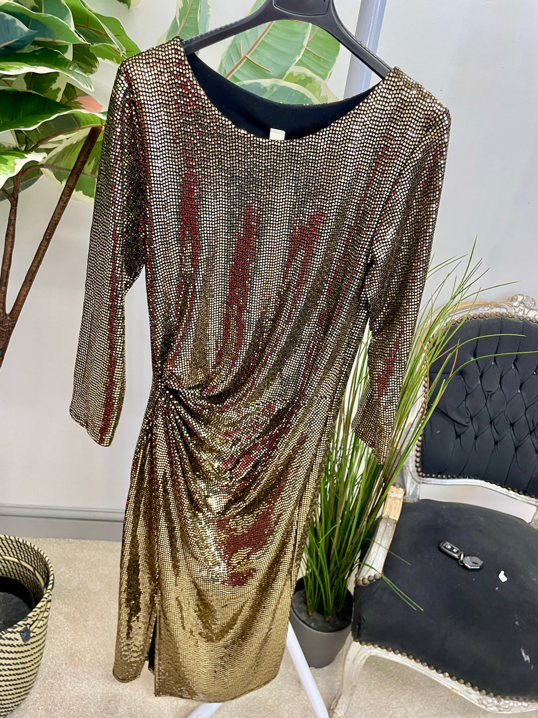 LADIES SEQUIN SEXY RUCHE SIDE PARTY DRESS - RED, BLACK, CHAMPAGNE & GOLD