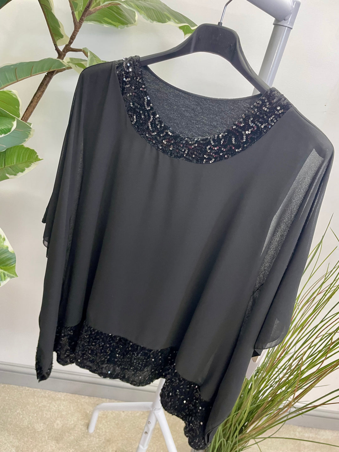 LADIES CHIFFON FLOATY SEQUIN PARTY TOP - BROWN, BLACK, BERRY