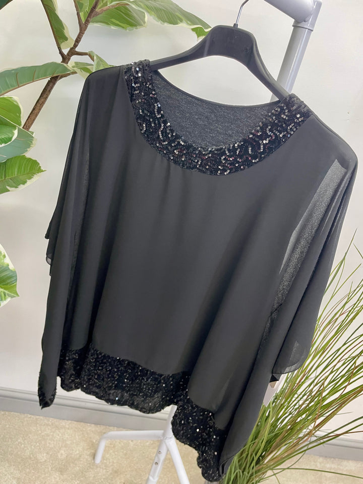 LADIES CHIFFON FLOATY SEQUIN PARTY TOP - BROWN, BLACK, BERRY