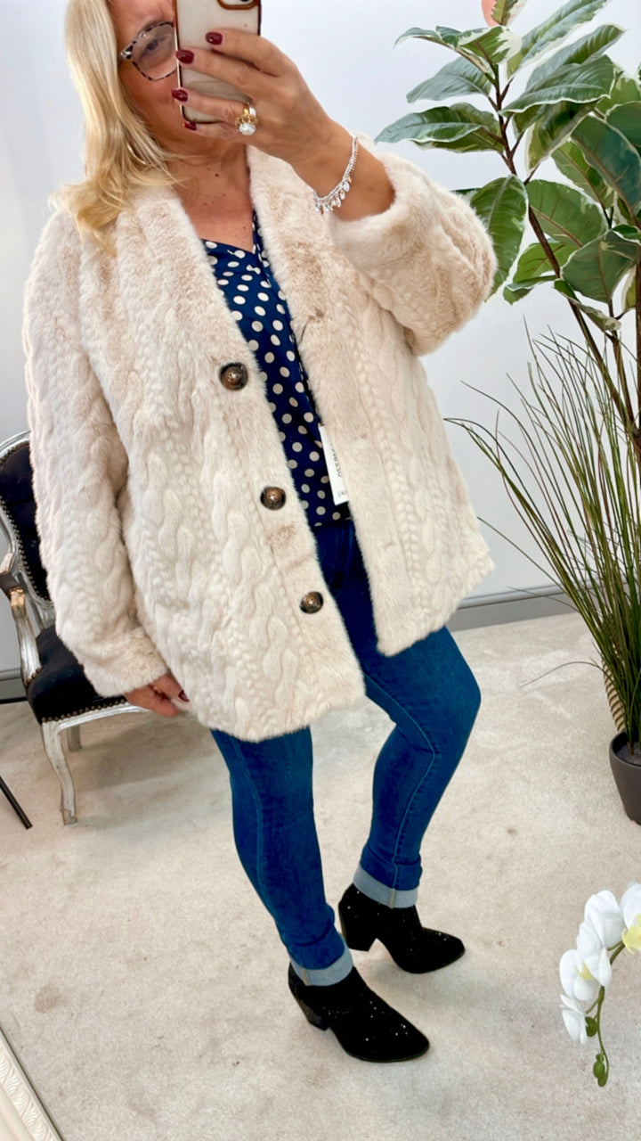 LADIES FASHION CABLE FAUX FUR JACKET - BEIGE, BROWN & BLACK