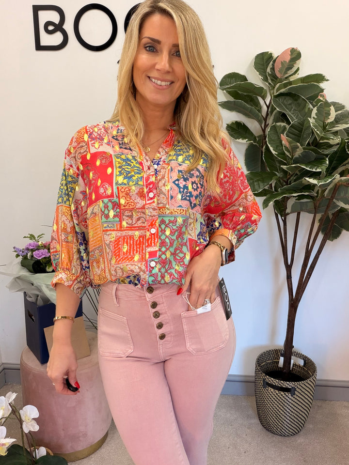 Ladies Red Orange Pink Short Sleeve Blouse Shirt