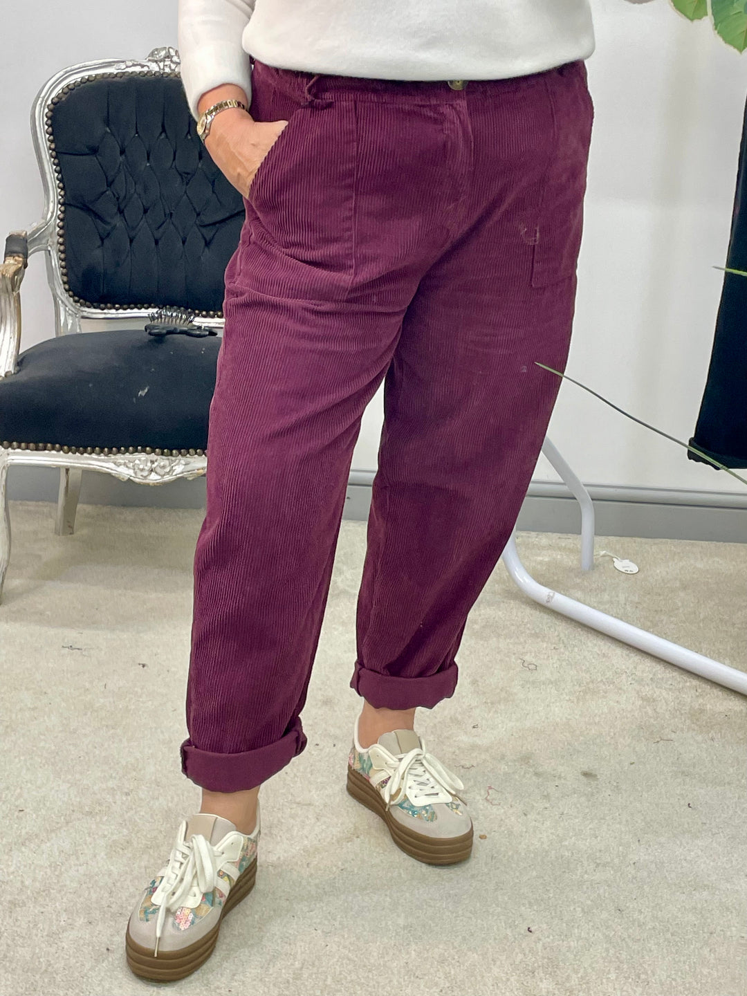 LADIES TRENDY BAGGY CORD TROUSERS - BLACK & PLUM
