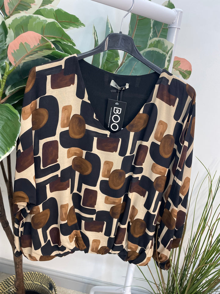 LADIES RETRO PRINT TOP - BROWN, BURGUNDY, BLACK