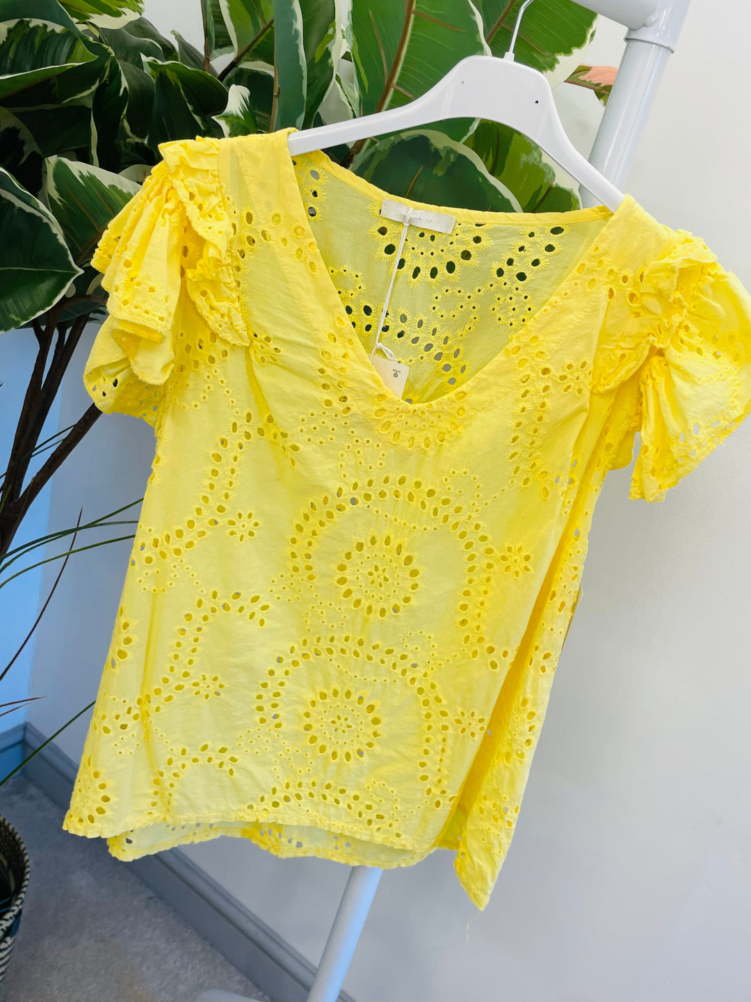 LADIES WOMENS BRODERIE ANGLAISE CUTE SUMMER TOP - WHITE, PINK, YELLOW