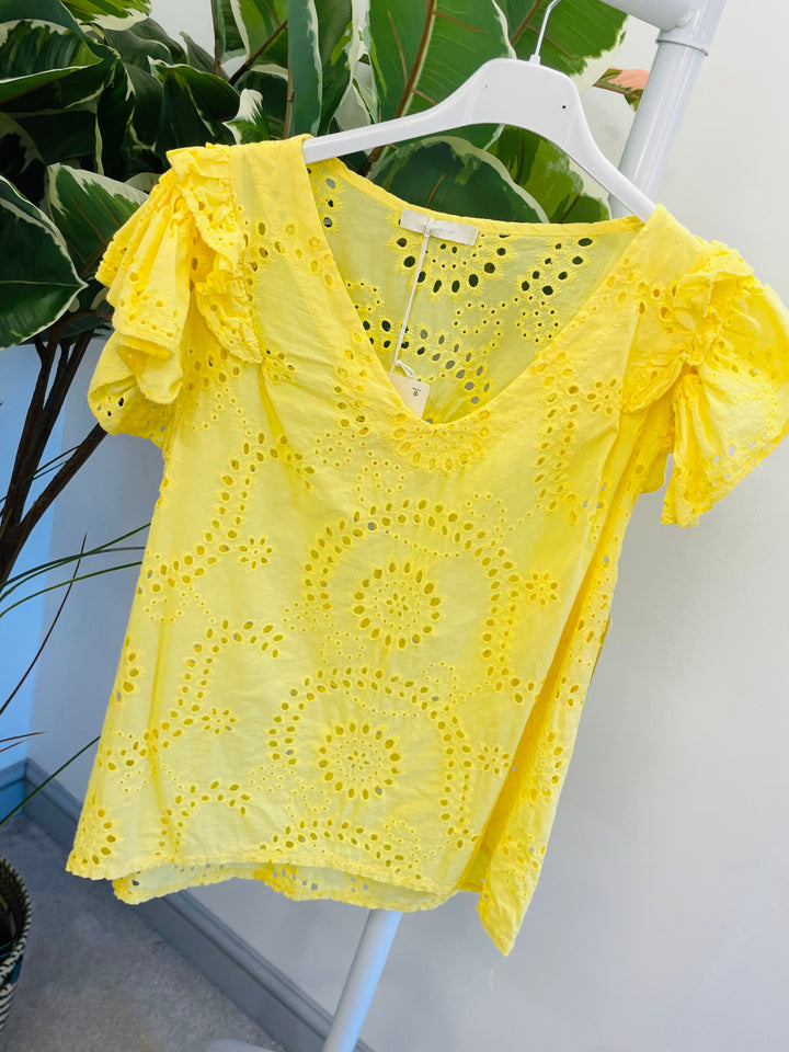 LADIES WOMENS BRODERIE ANGLAISE CUTE SUMMER TOP - WHITE, PINK, YELLOW