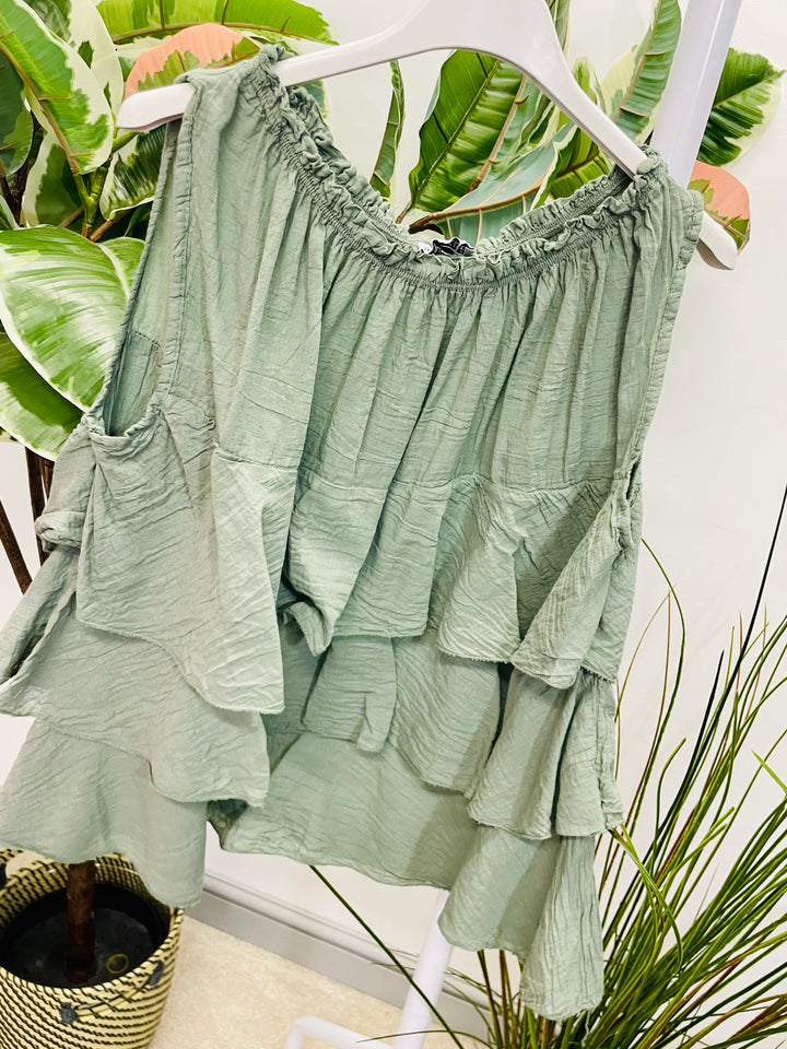 LADIES COTTON FRILL SUMMER TOP BLOUSE - WHITE, KHAKI, PINK & BEIGE