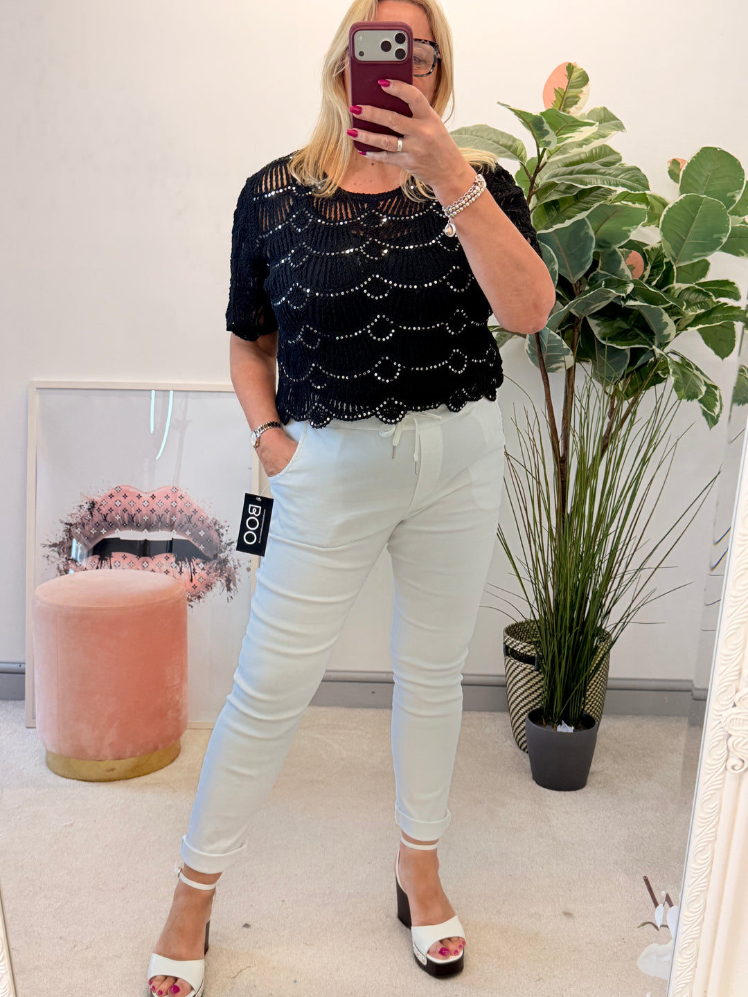 Ladies Sparkly Crochet Bolero Top - Black & White