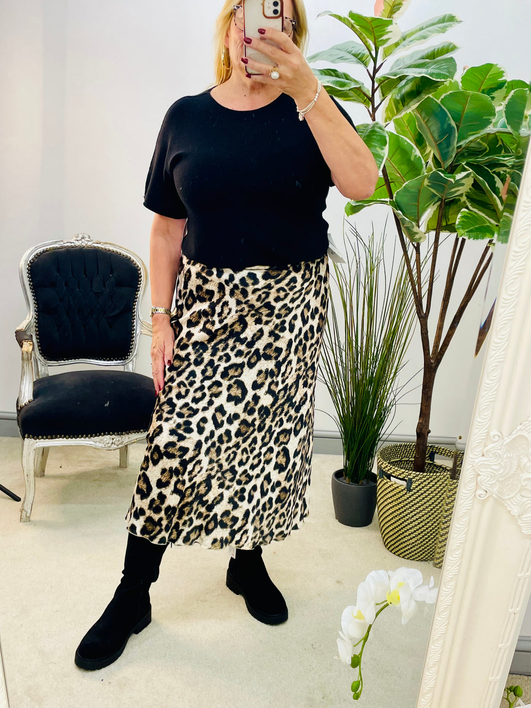 LADIES LEOPARD PRINT SATIN MIDI SKIRT