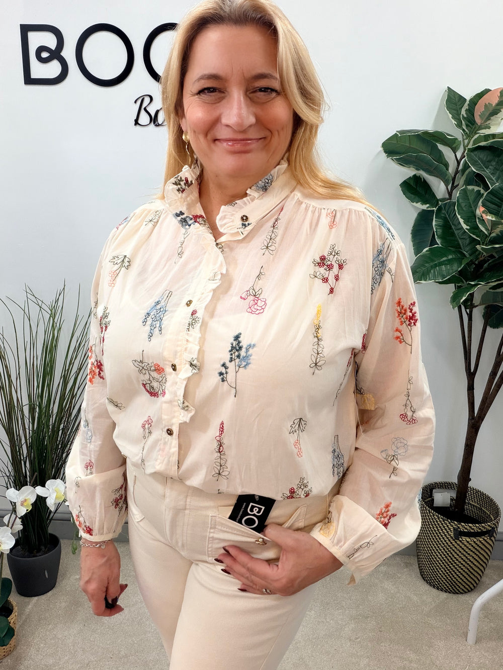 LADIES CREAM EMBROIDERED BLOUSE SHIRT