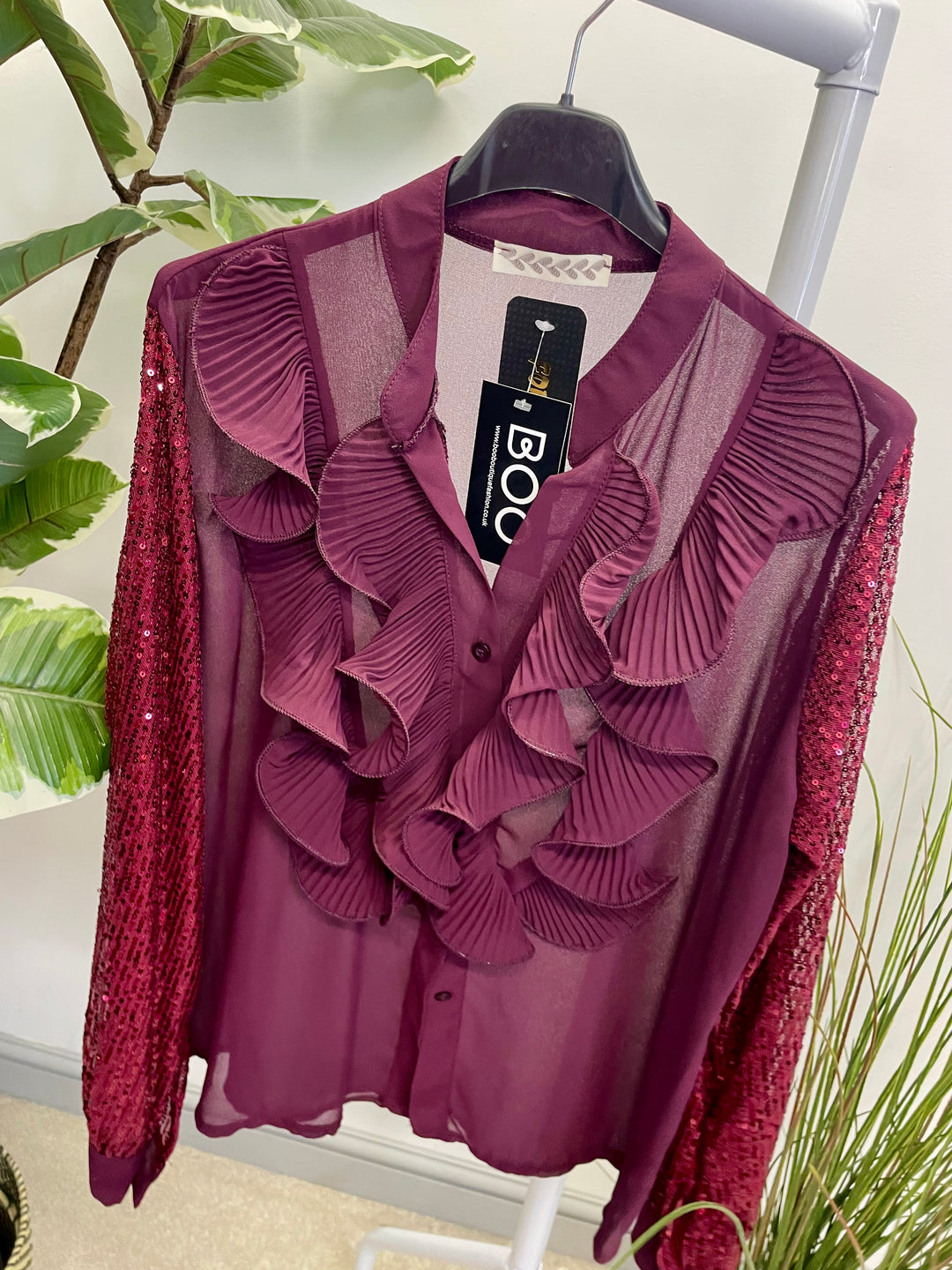 LADIES SEQUIN ARM FRILL BLOUSE - BLACK, SILVER, BERRY, BEIGE & BROWN