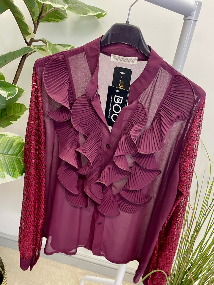 LADIES SEQUIN ARM FRILL BLOUSE - BLACK, SILVER, BERRY, BEIGE & BROWN