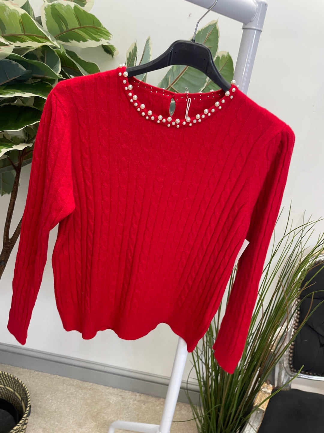 LADIES CABLE KNIT PEARL NECK JUMPER - BERRY, CREAM, BLACK, RED, BROWN