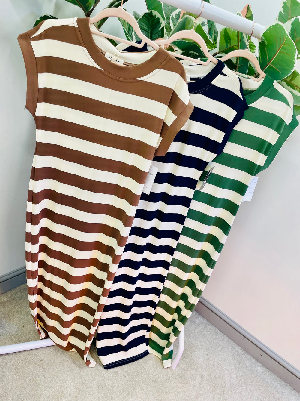 LADIES WOMENS STRIPE T SHIRT MAXI DRESS - BROWN, KHAKI & NAVY