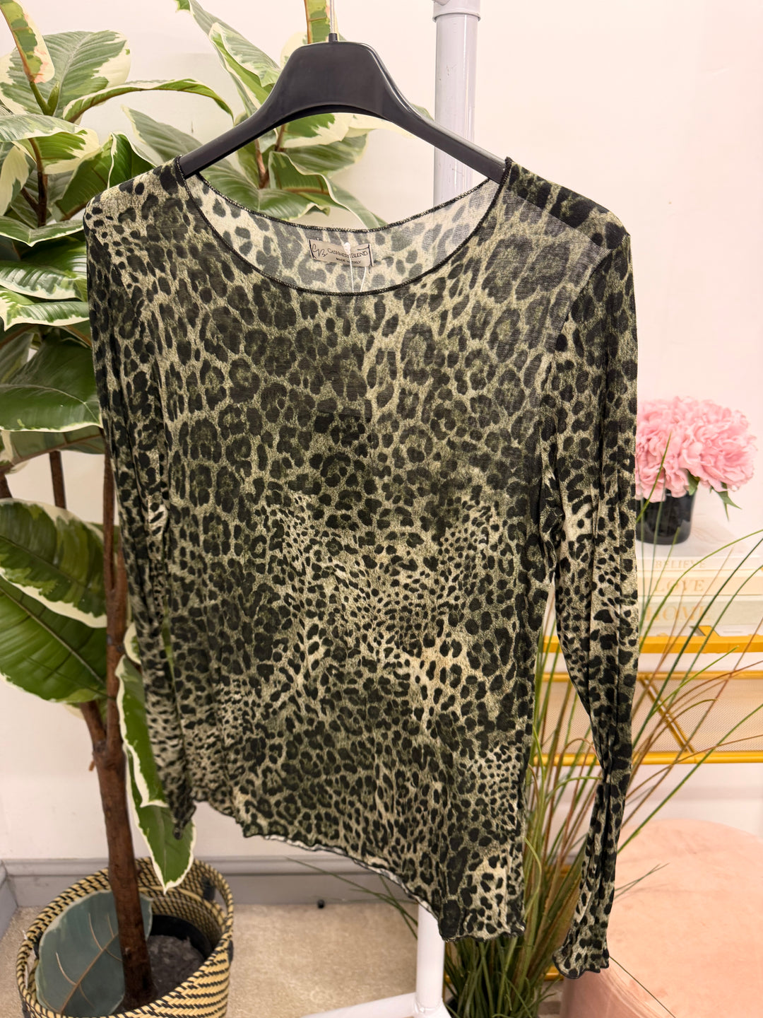 Womens sheer animal print sheer long sleeve top - brown, navy, khaki, plum, grey