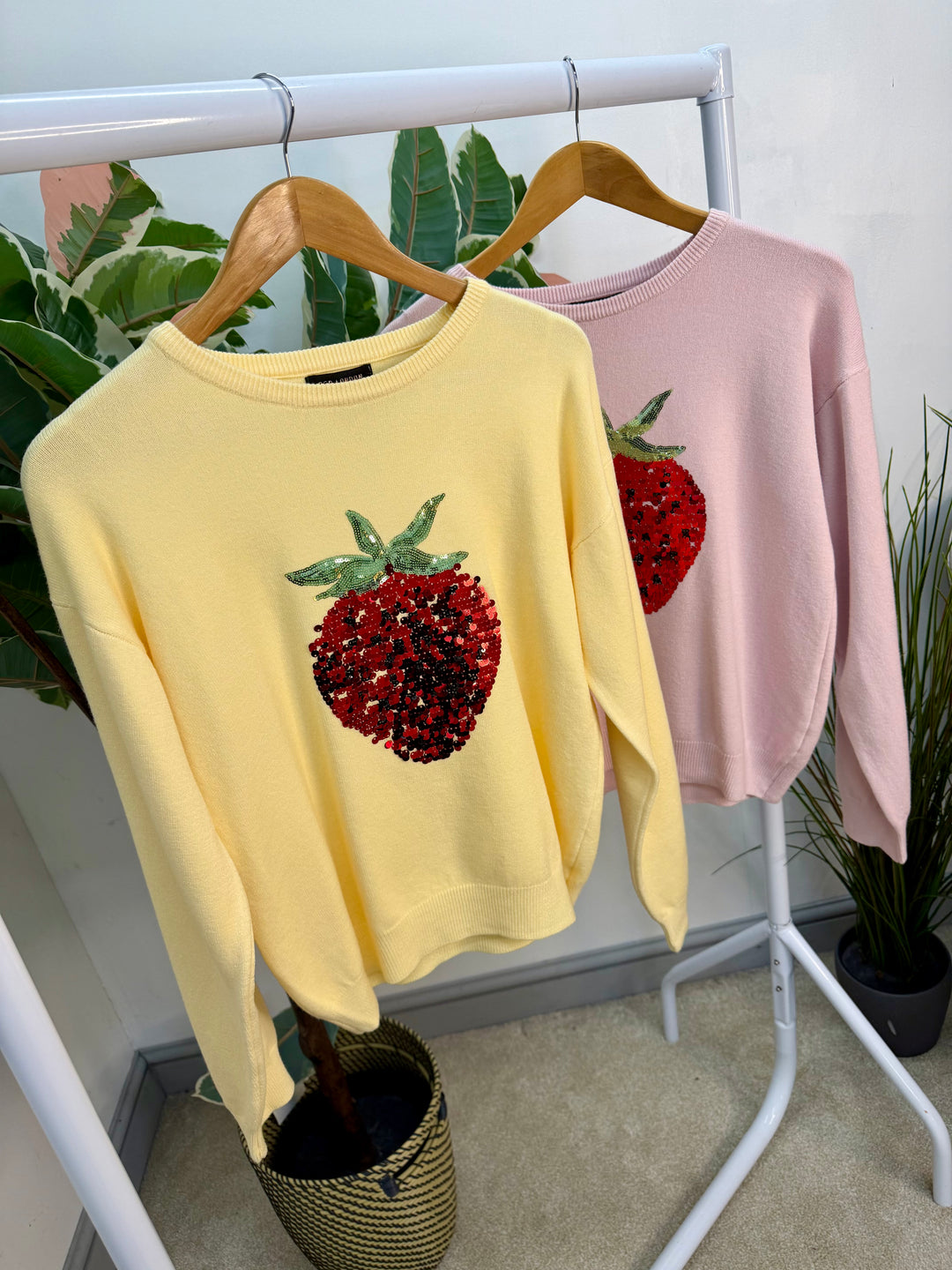 LADIES SEQUIN STRAWBERRY JUMPER - LEMON & PINK