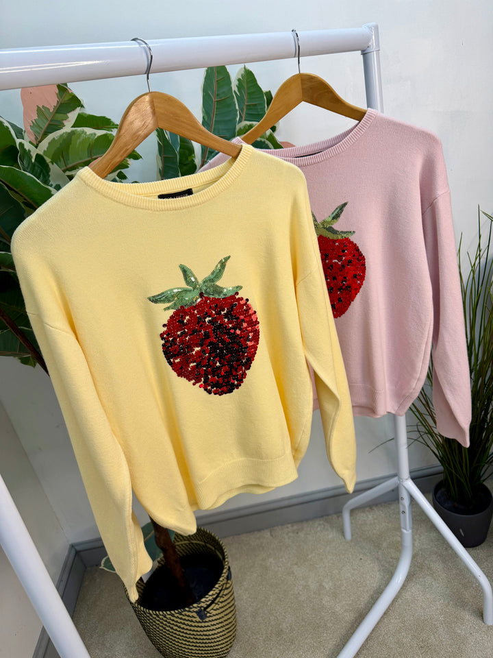 LADIES SEQUIN STRAWBERRY JUMPER - LEMON & PINK