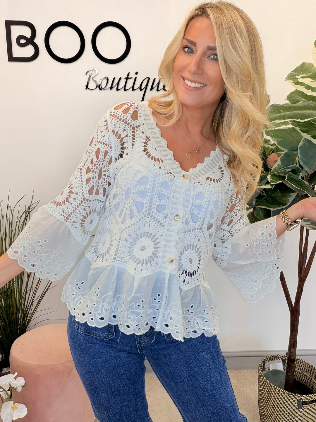 Ladies Broderie Anglaise & Lace Bolero Cardigan - White, Blue & Brown