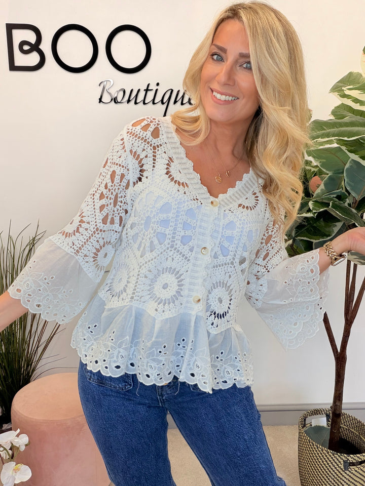 Ladies Broderie Anglaise & Lace Bolero Cardigan - White, Blue & Brown