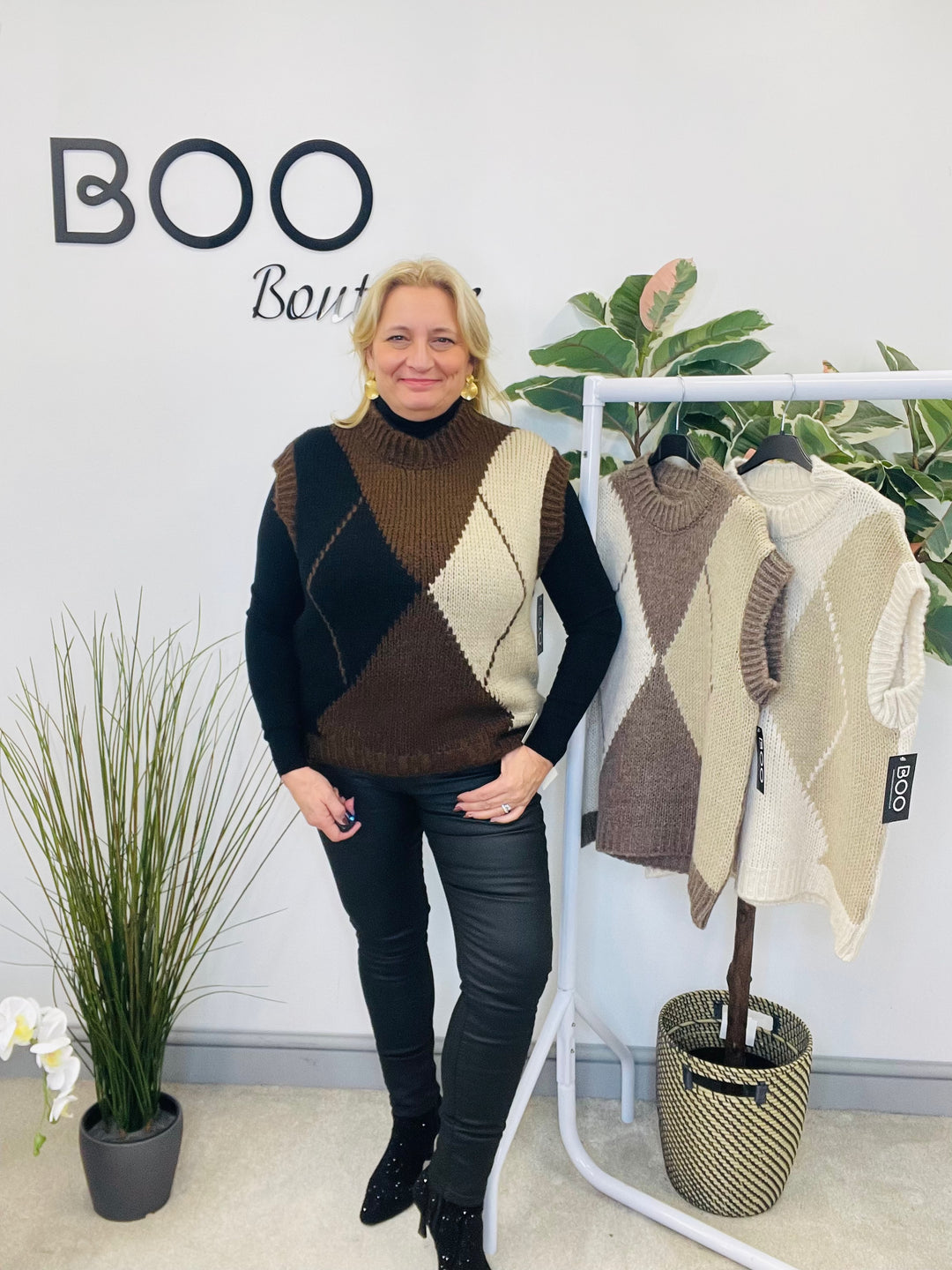 LADIES ARGYLE KNIT TANK TOP - MOCHA, BEIGE, BROWN