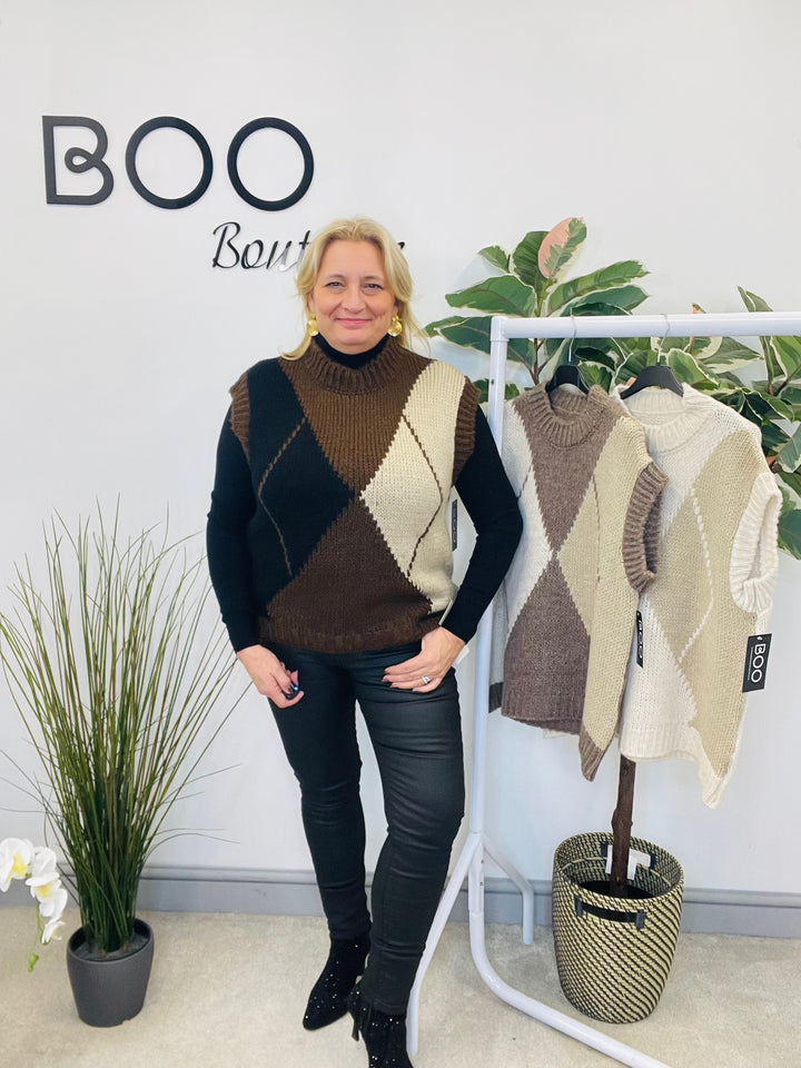 LADIES ARGYLE KNIT TANK TOP - MOCHA, BEIGE, BROWN