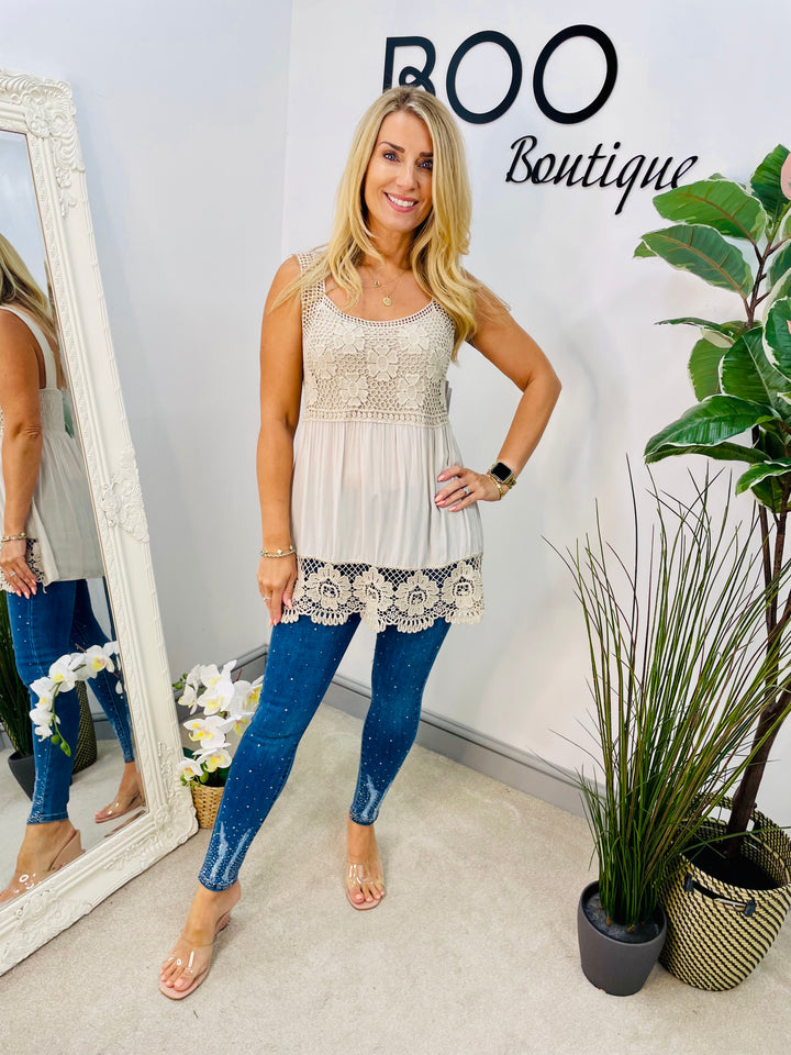 LADIES CROCHET & LACE SUMMER CAMI TOP - WHITE, LEMON, BLUE, PINK, KHAKI, BLACK