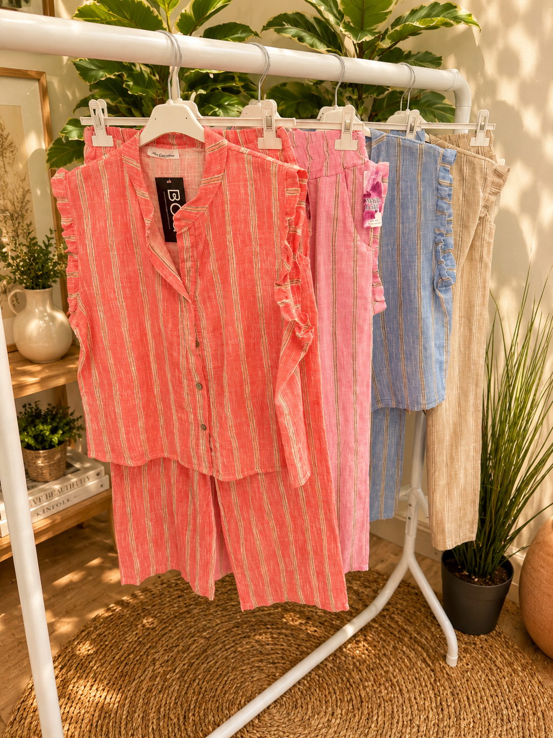 Ladies Stripe Trouser & Shirt Co Ord - Coral, Pink, Beige & Blue